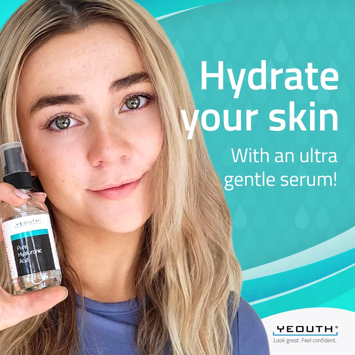 YEOUTH serum being applied to cheek, visualizing plumping and smoothing benefit