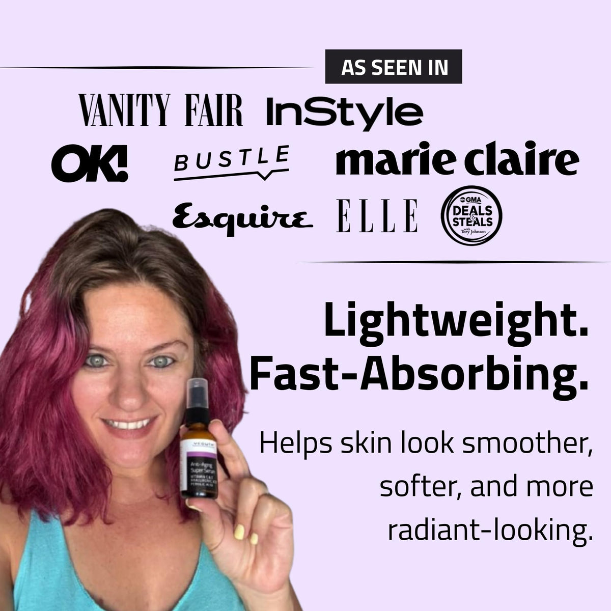 YEOUTH serum applied to cheek illustrating smoothing and plumping hydration benefit
