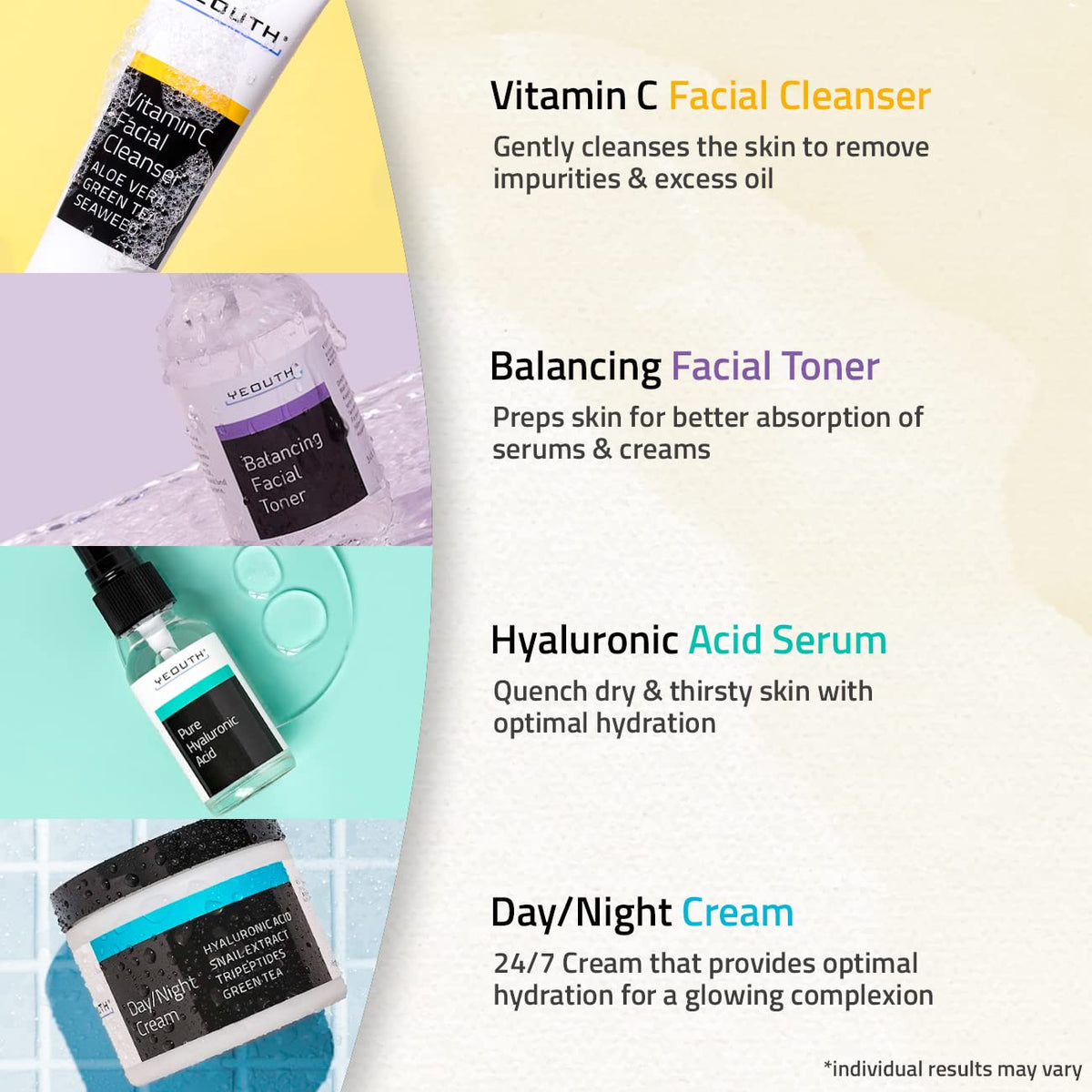 YEOUTH products beside a hand to show scale and travel-friendly sizes