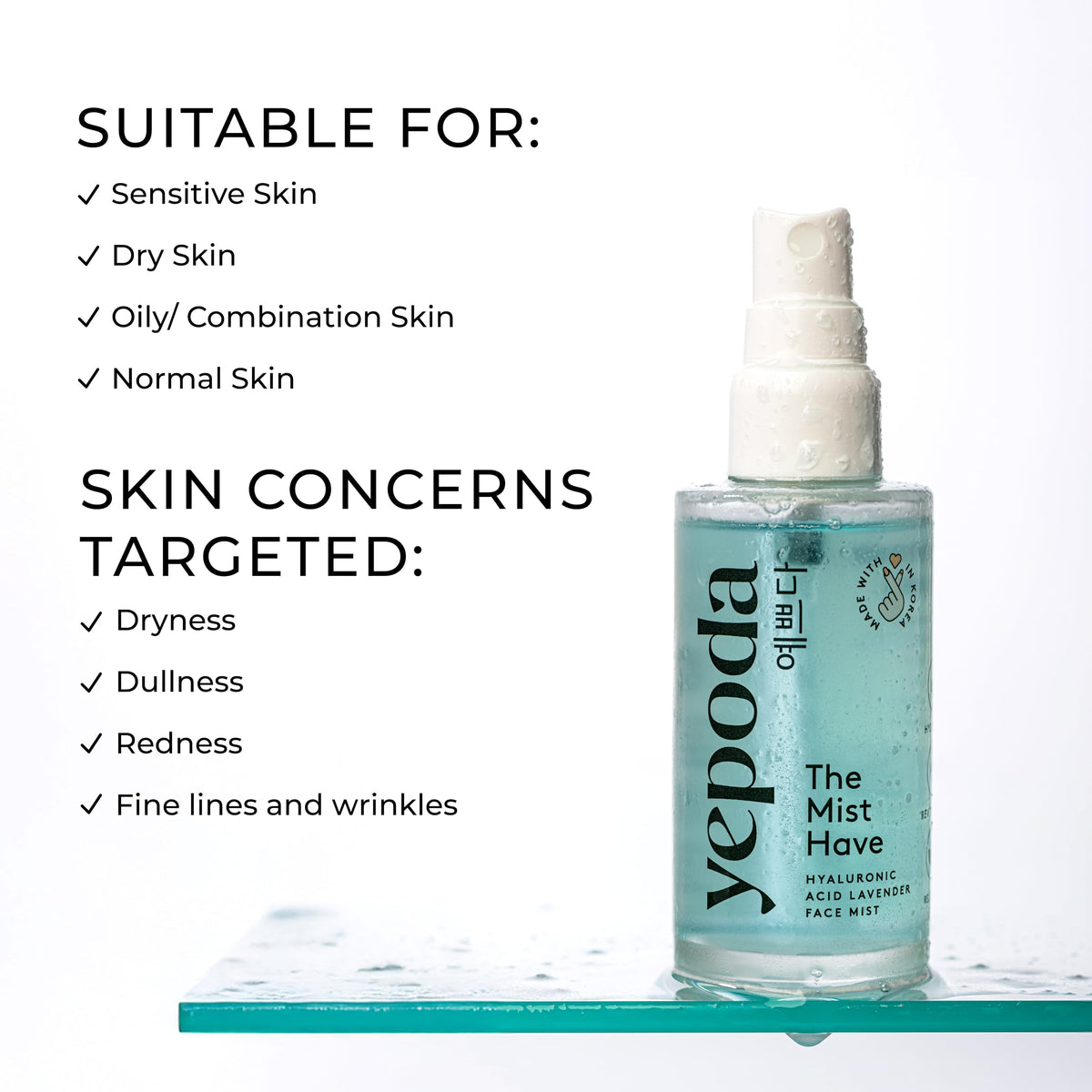 Yepoda texture droplet on skin illustrating hyaluronic hydration benefit