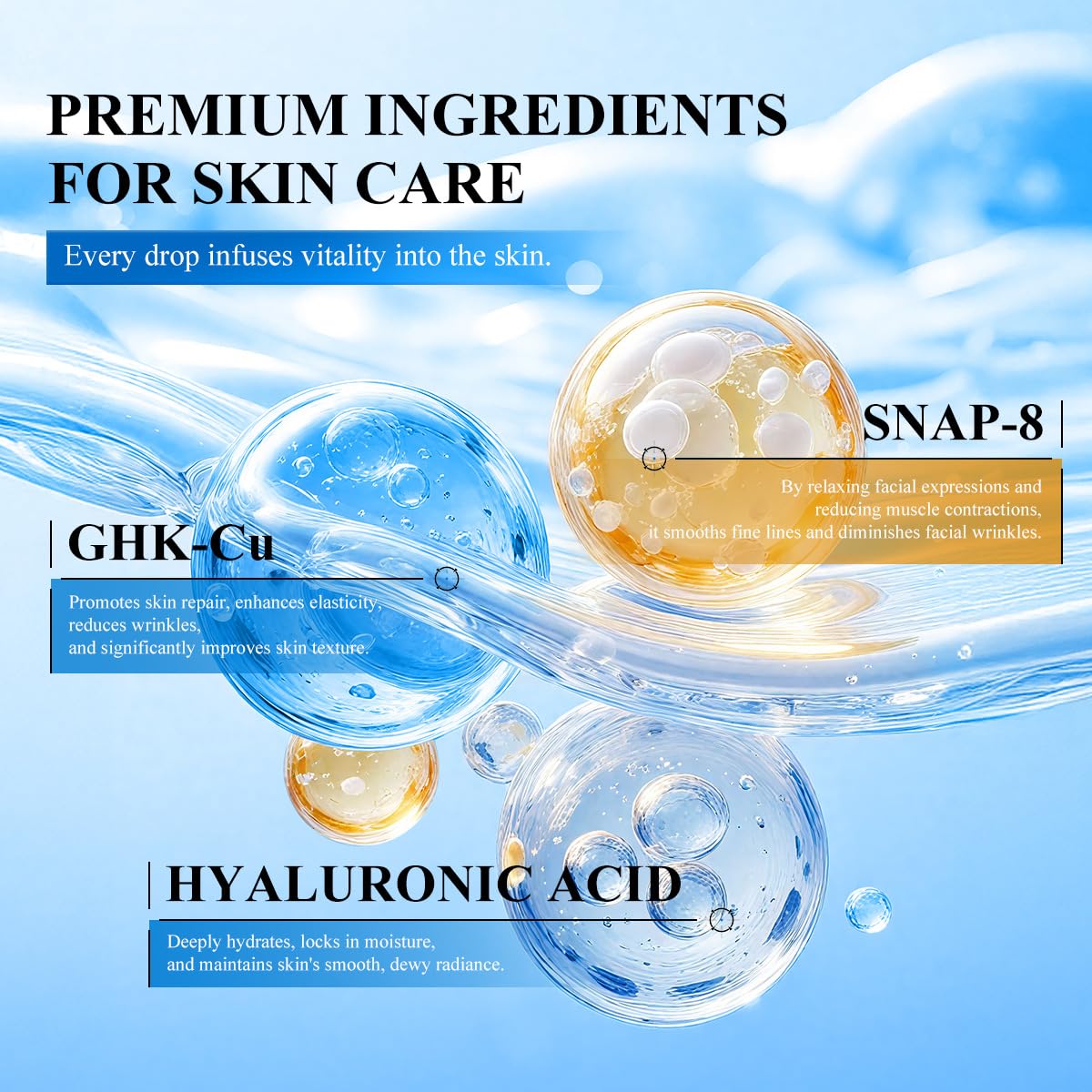 Yeweian ingredients label close-up listing peptides, hyaluronic acid, and botanicals