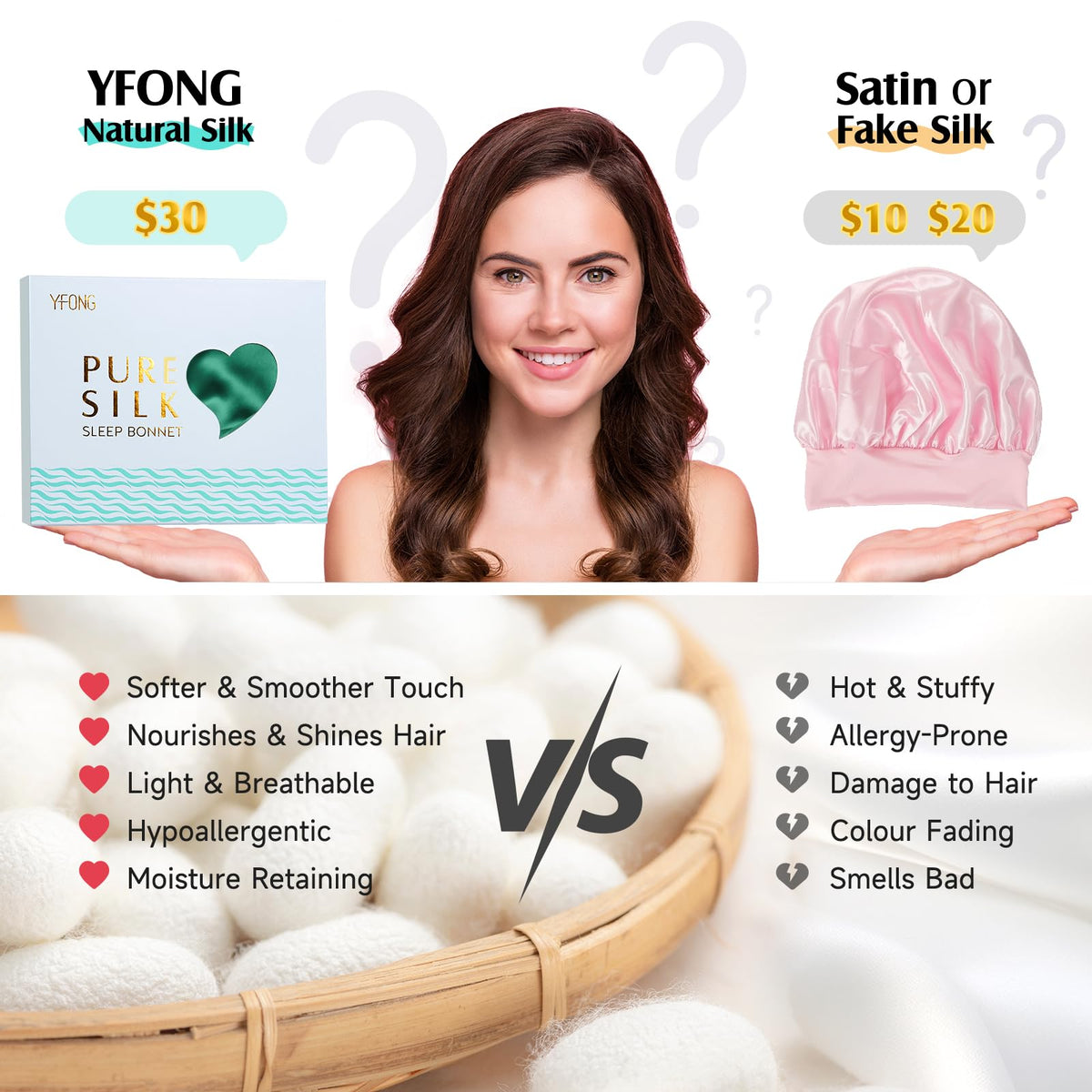 YFONG anti-fall forehead loops detail ensures bonnet stays in place overnight