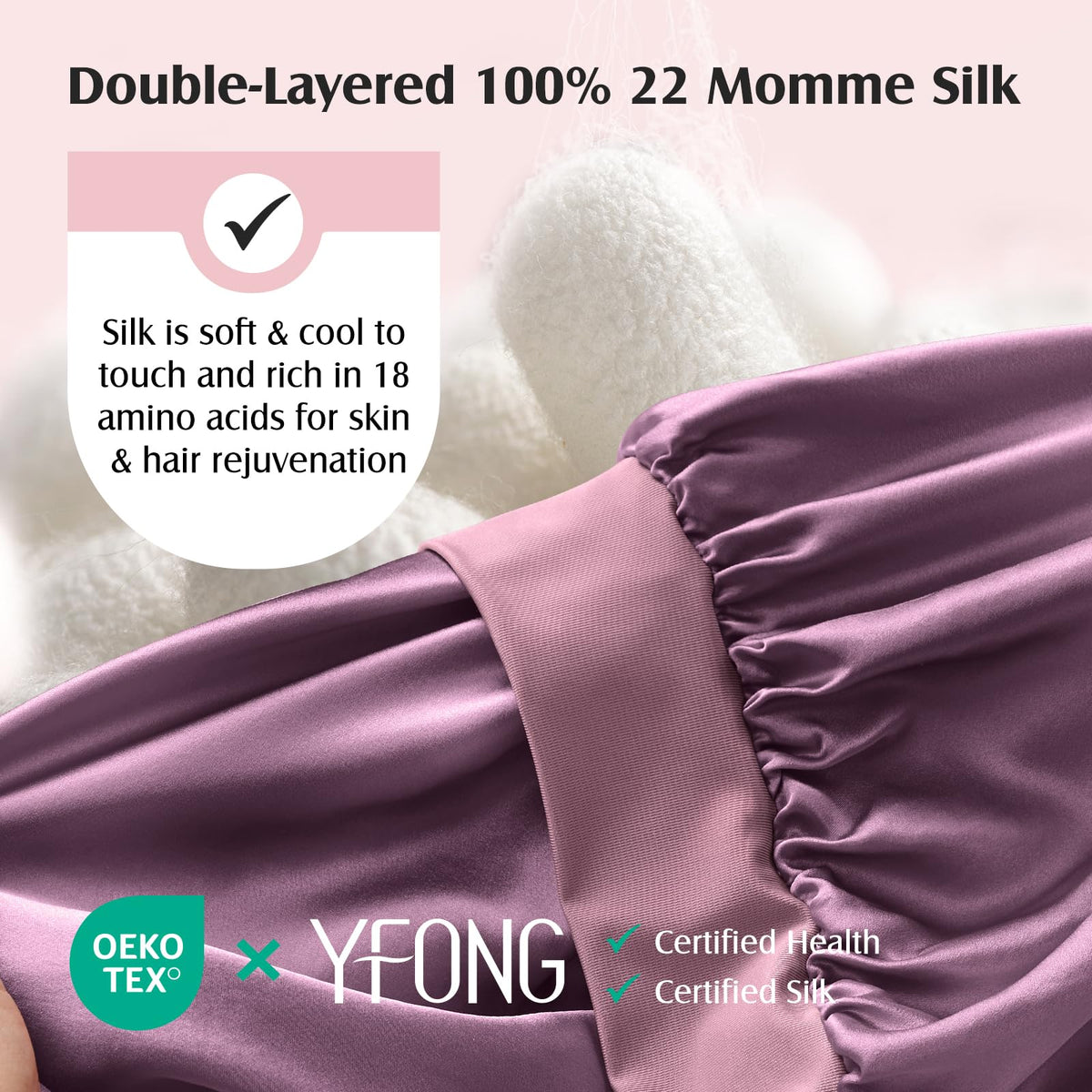 YFONG close-up of double-layer 22 momme mulberry silk showing smooth texture and durability