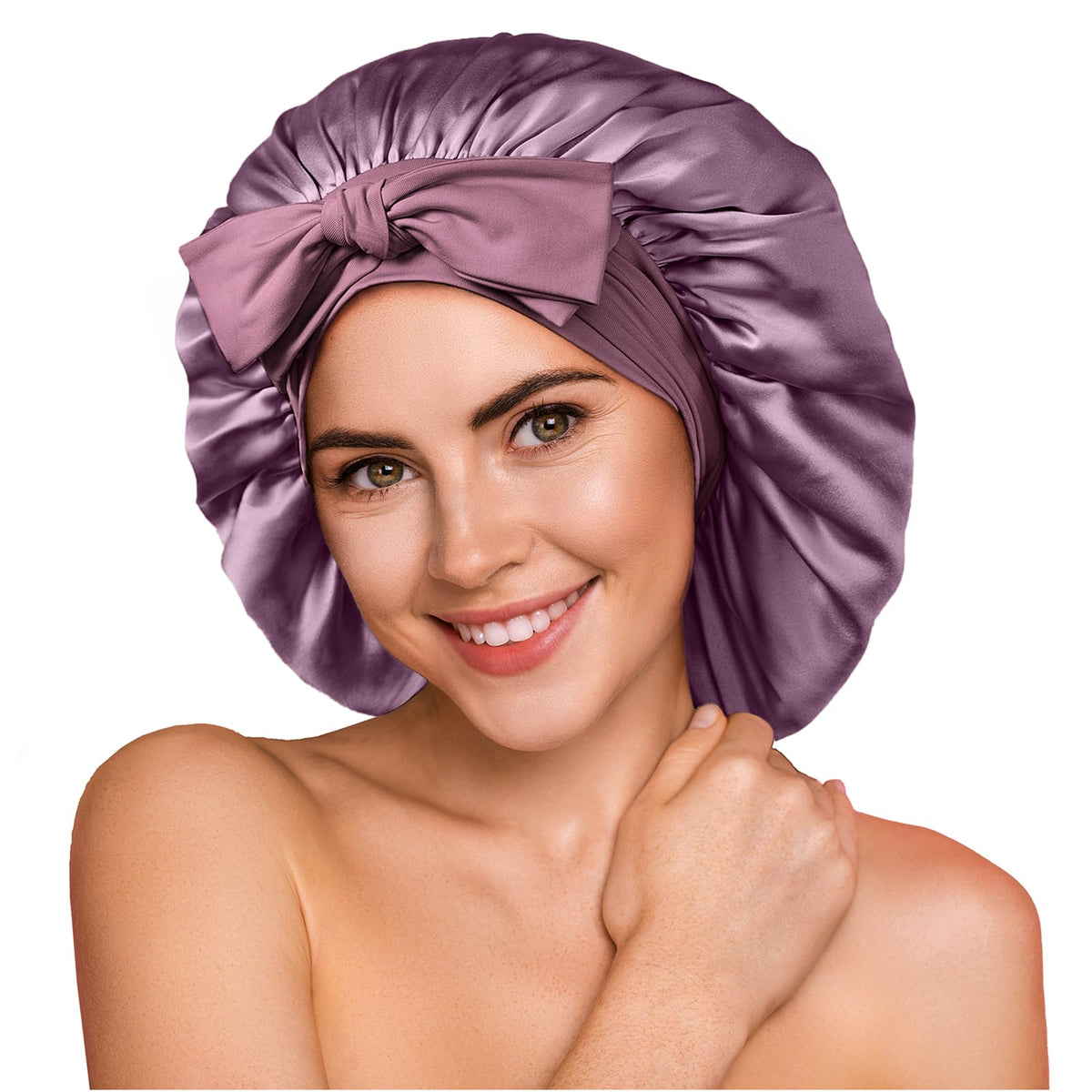 YFONG bonnet front view showing deep purple silk and roomy fit for comfortable sleep