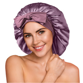 YFONG bonnet front view showing deep purple silk and roomy fit for comfortable sleep