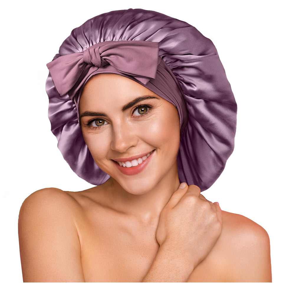 YFONG bonnet front view showing deep purple silk and roomy fit for comfortable sleep