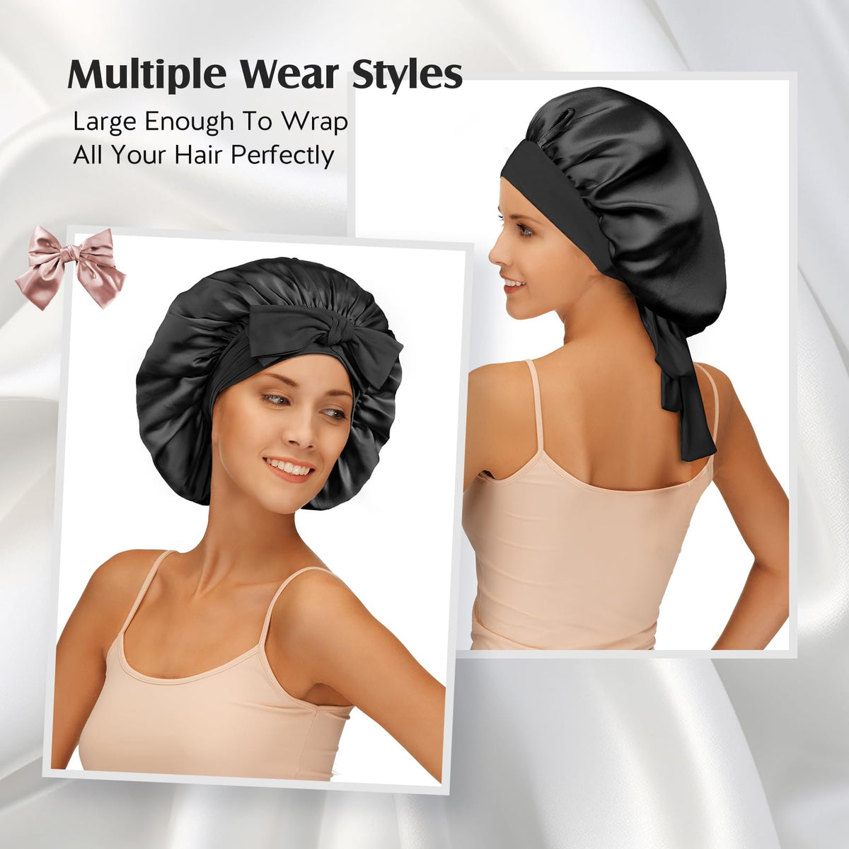 YFONG flat-laid bonnet texture and label showing authentic mulberry silk benefit