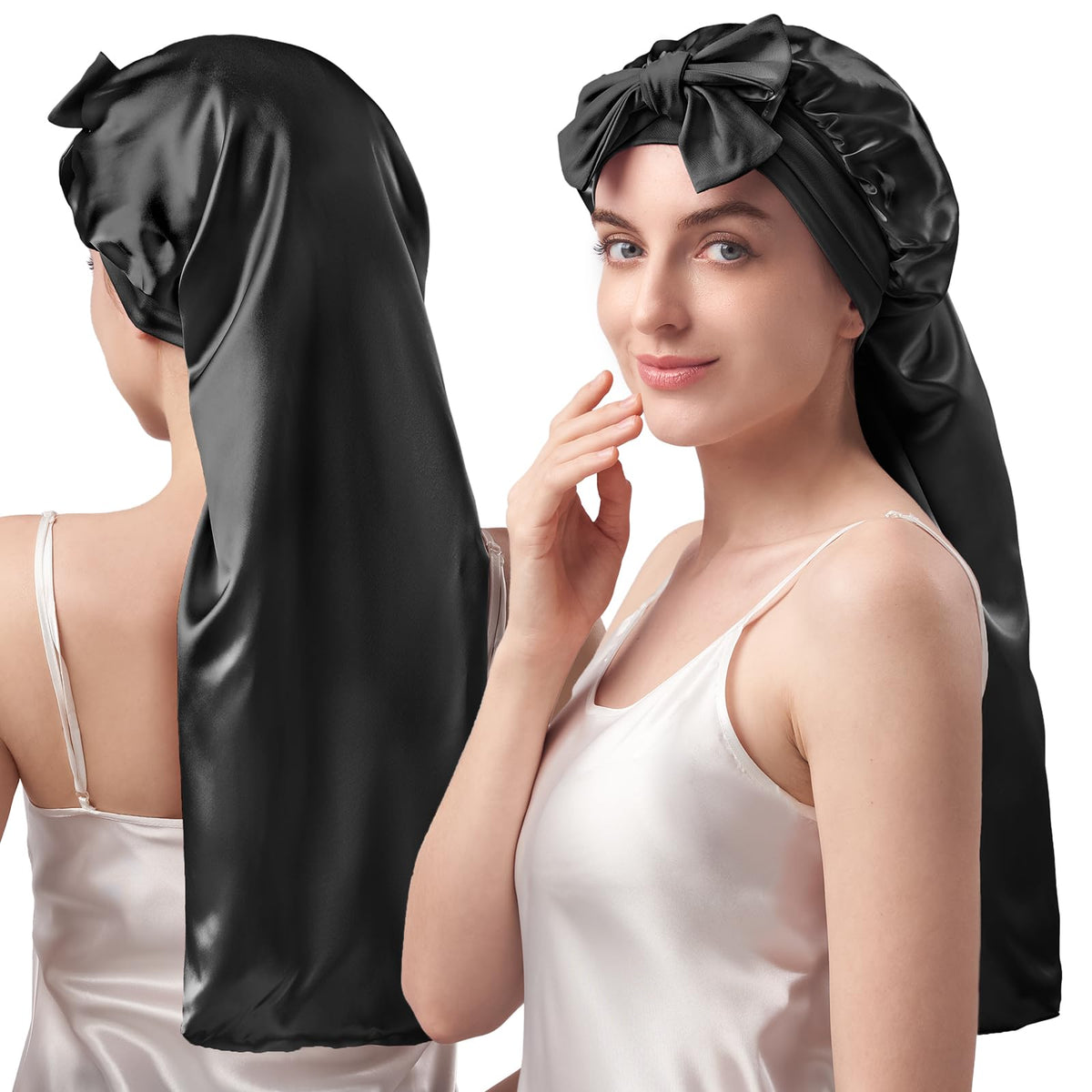 YFONG front view of black silk bonnet showing sleek design and secure fit