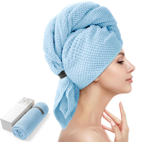 YFONG front view of blue large hair towel wrap showing size and color benefit