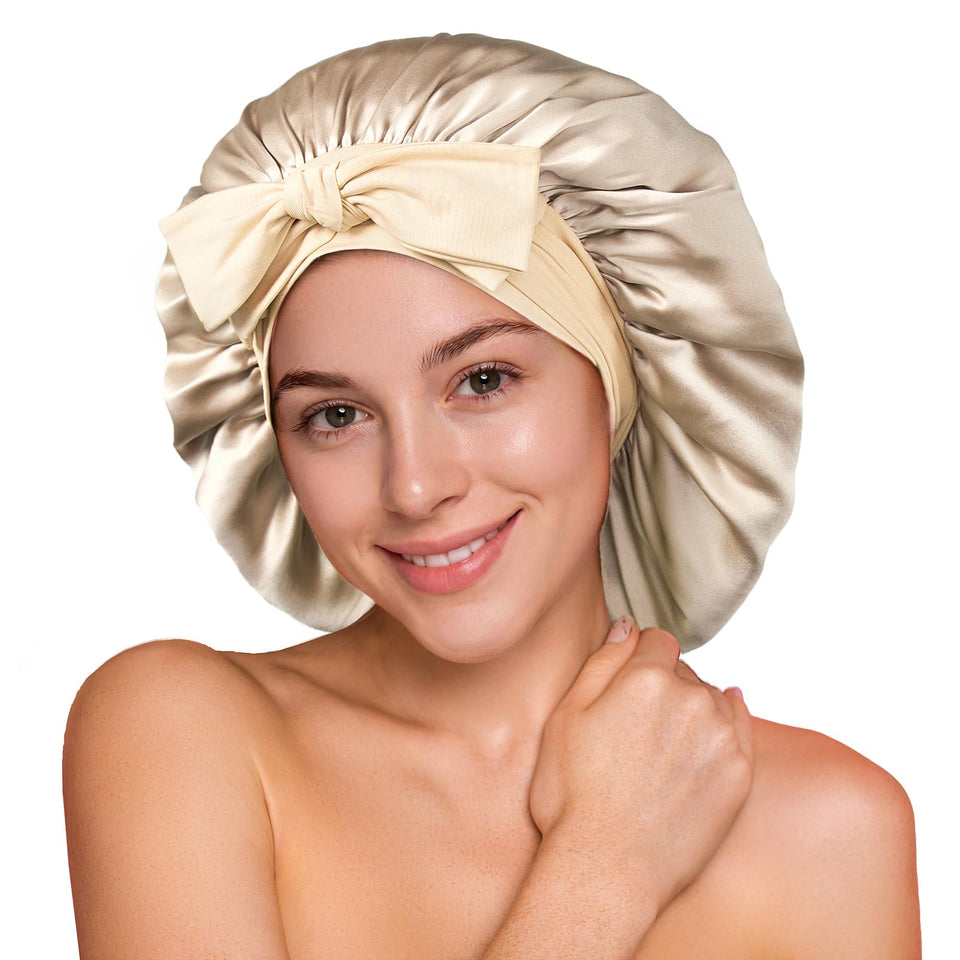 YFONG front view of champagne silk bonnet showing sleek finish and premium look