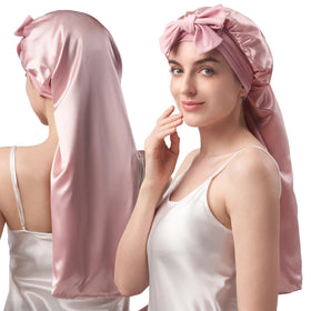 YFONG front view of pink silk bonnet showing roomy fit and luxury