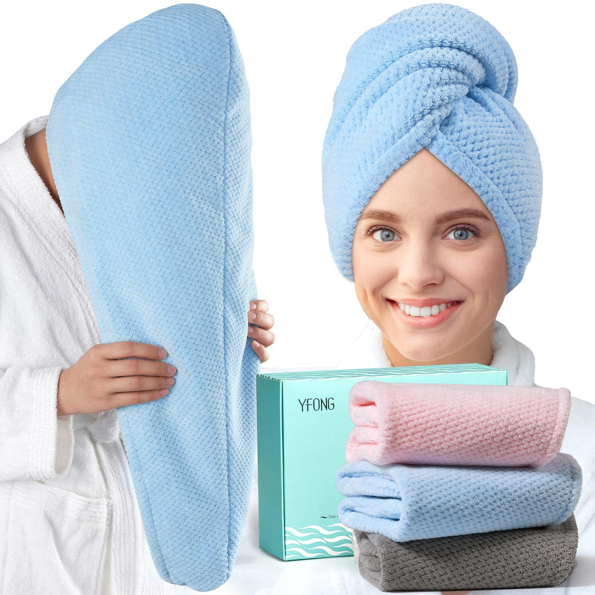 YFONG front packaging showing three towel colors and quick-dry benefit