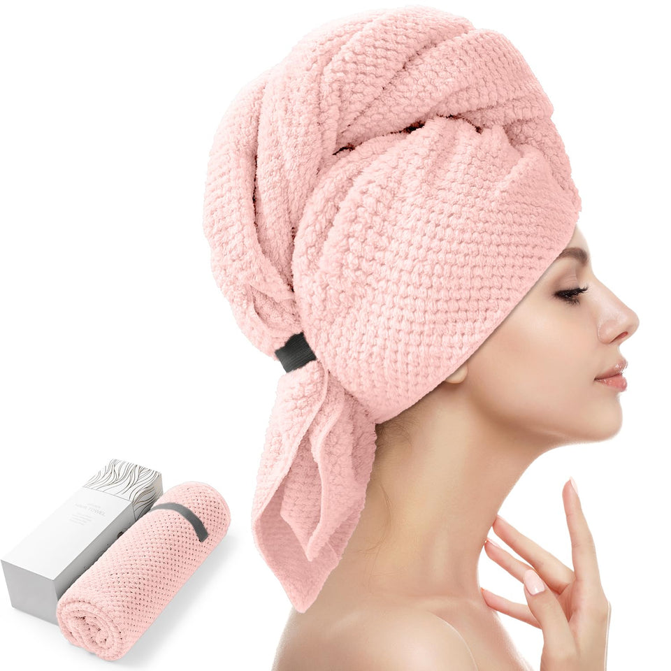 YFONG front view of towel wrap showing full size and pink color and secure fit