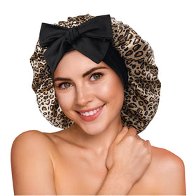 YFONG leopard bonnet front packaging showing silk and box benefits