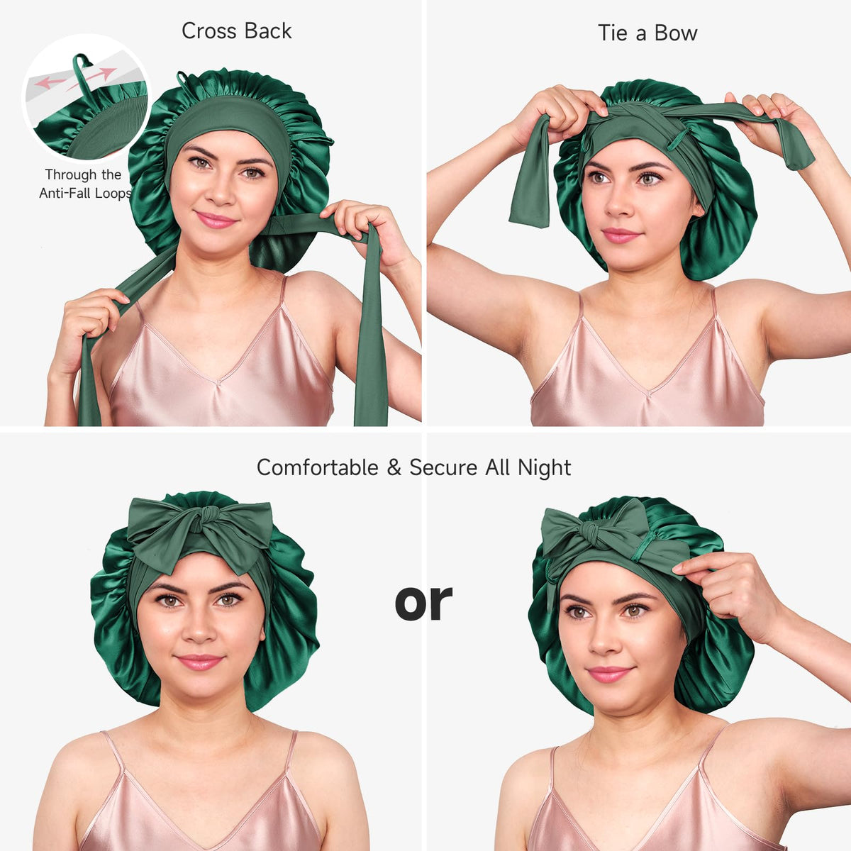 YFONG model sleeping wearing bonnet demonstrates reduced frizz and neat hair
