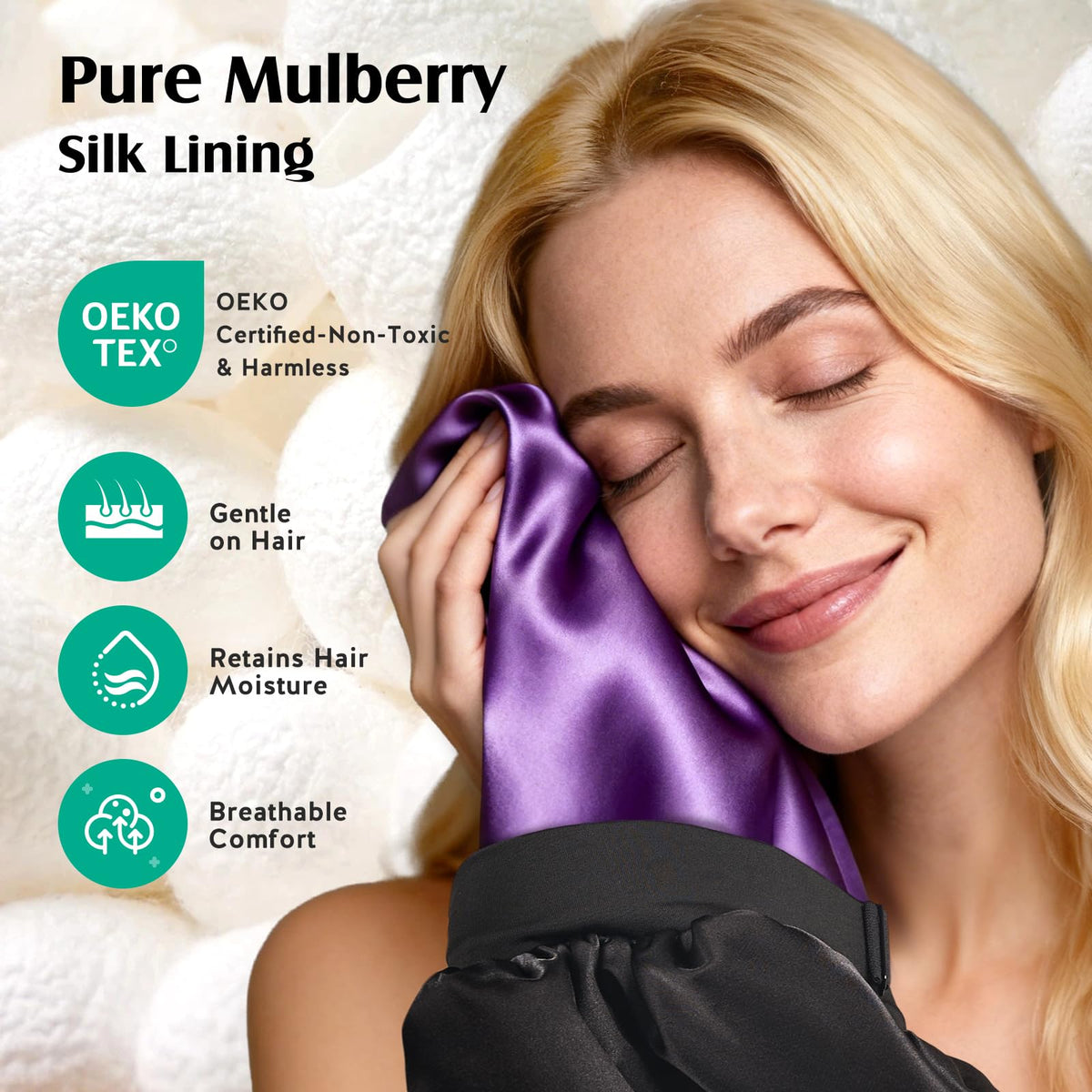 YFONG close-up of mulberry silk lining highlighting smooth hair protection