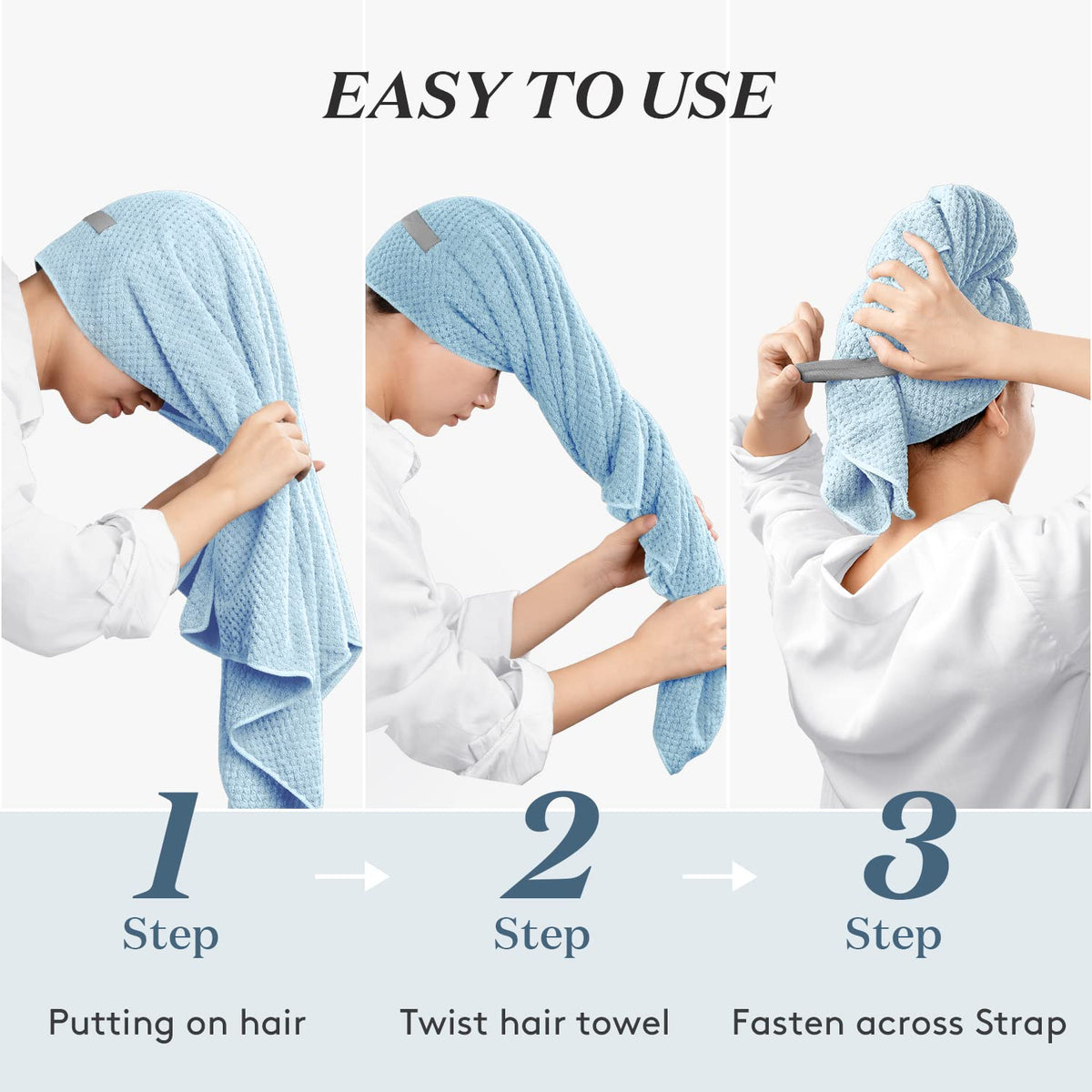 YFONG towel absorbing water from wet hair showing quick-dry benefit