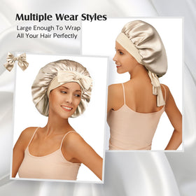 YFONG model with curly hair wearing bonnet to preserve curls and moisture