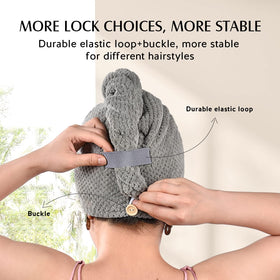 YFONG turban wrapped on long hair in bathroom showing secure hands-free drying benefit