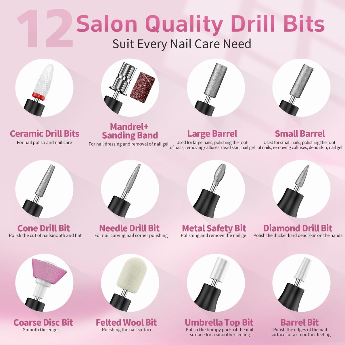 YLYYCC array of 12 drill bits and accessories organized to support diverse nail tasks