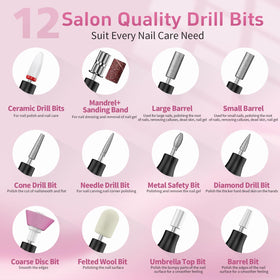 YLYYCC array of 12 drill bits and accessories organized to support diverse nail tasks