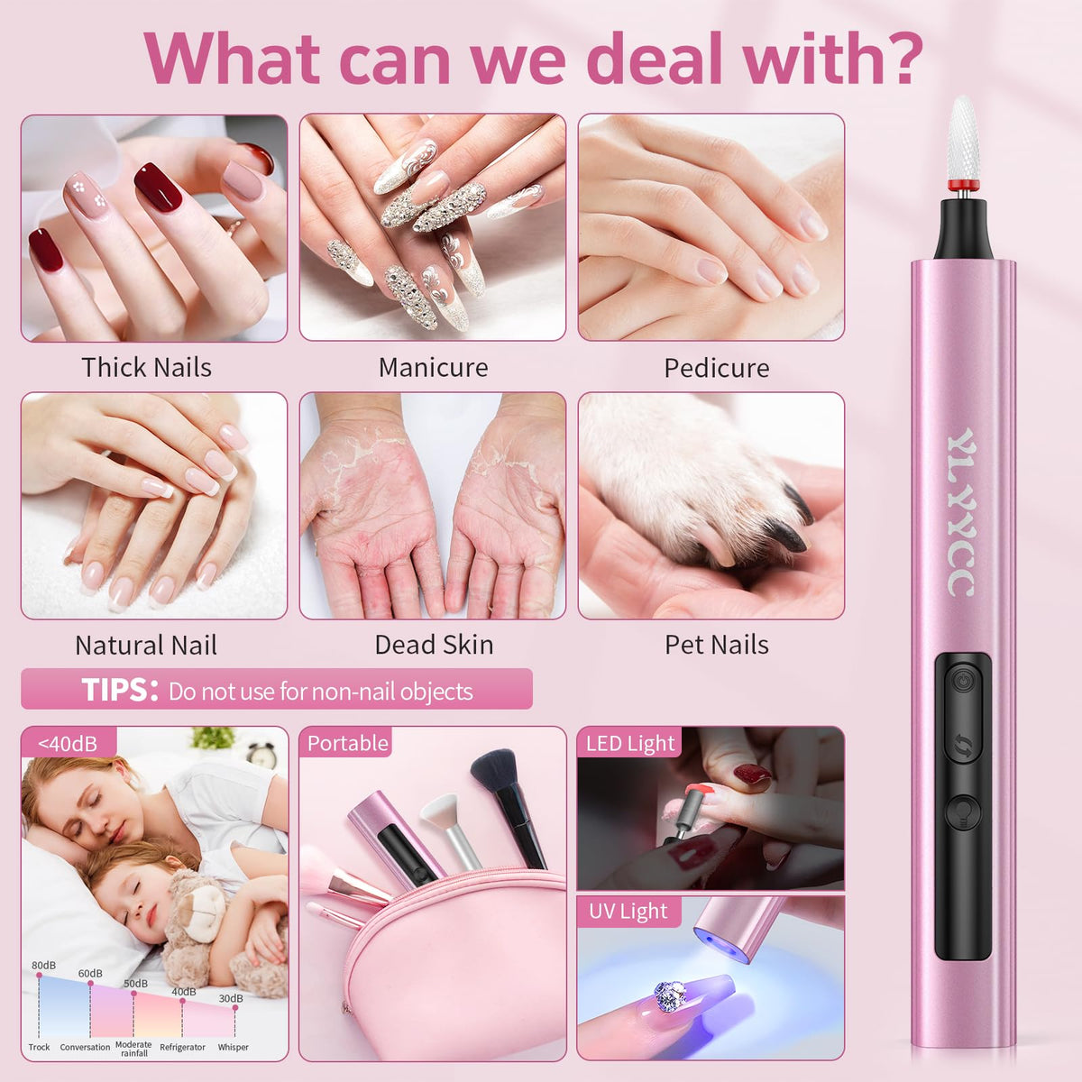 YLYYCC size comparison with a hand illustrates compact scale and travel-friendly benefit