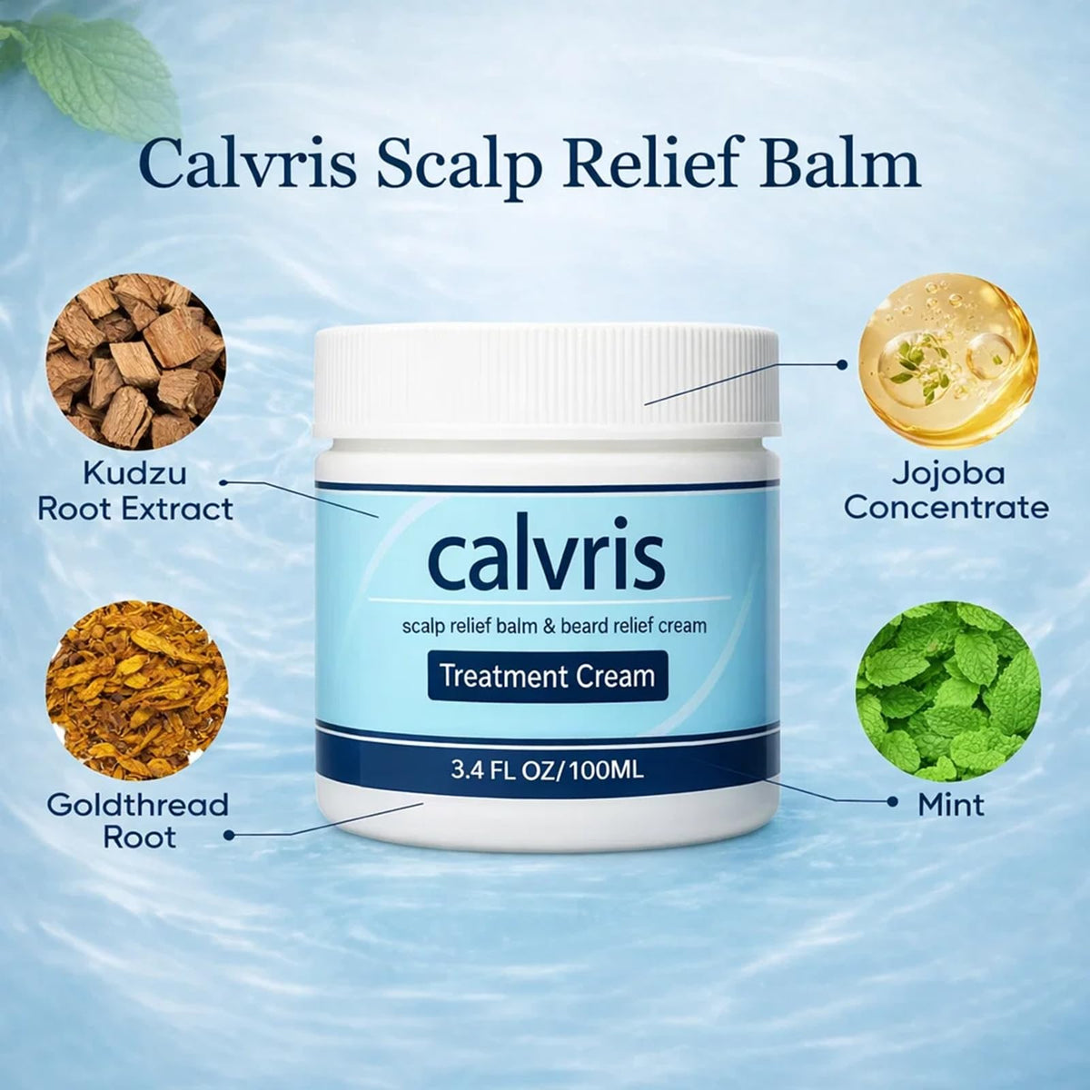 YOCMIPS Calvris open jar close-up texture, displays lightweight absorbent balm benefit