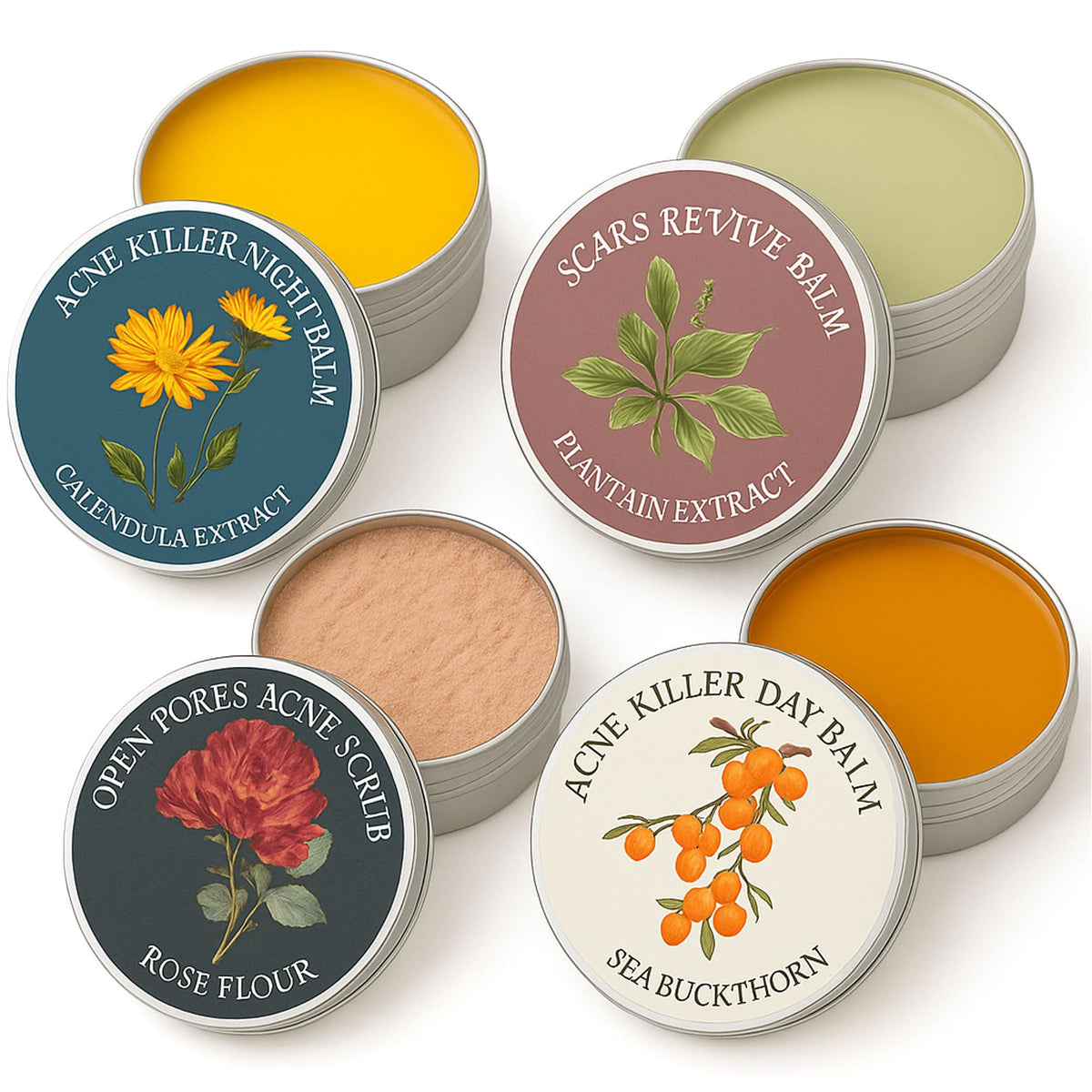 YOCMIPS front packaging showing the four-piece acne balm set and benefits