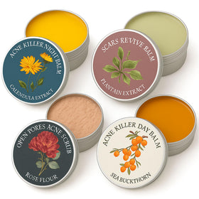 YOCMIPS front packaging showing the four-piece acne balm set and benefits