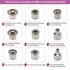 Yofuly nine diamond tips arranged showing variety for targeted exfoliation