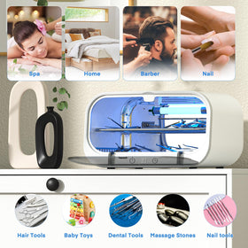 Yofuly sterilizer size comparison with hand to show scale benefit: fits small workspaces