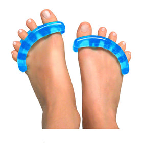 Yoga Toes front packaging showing product and sapphire blue color benefit comfort
