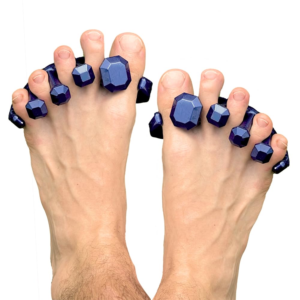 YogaToes Gems front packaging showing metallic-blue toe stretchers and benefits
