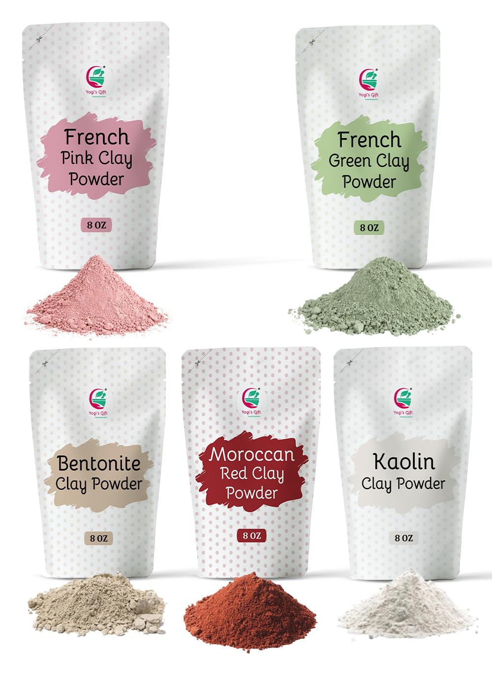 YOGI’S GIFT front packaging of five 8oz clay packs showing variety and convenience