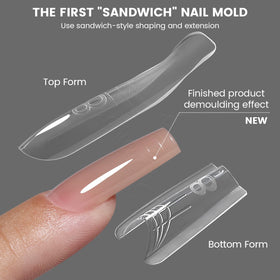 YOKEFELLOW cured square nail extension showing crystal-clear finish and neat edges