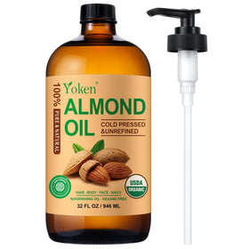 Yoken almond oil front bottle showing label and amber glass preserving quality