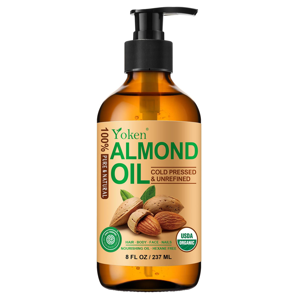 Yoken almond oil front packaging in amber glass showing label and clean presentation for freshness
