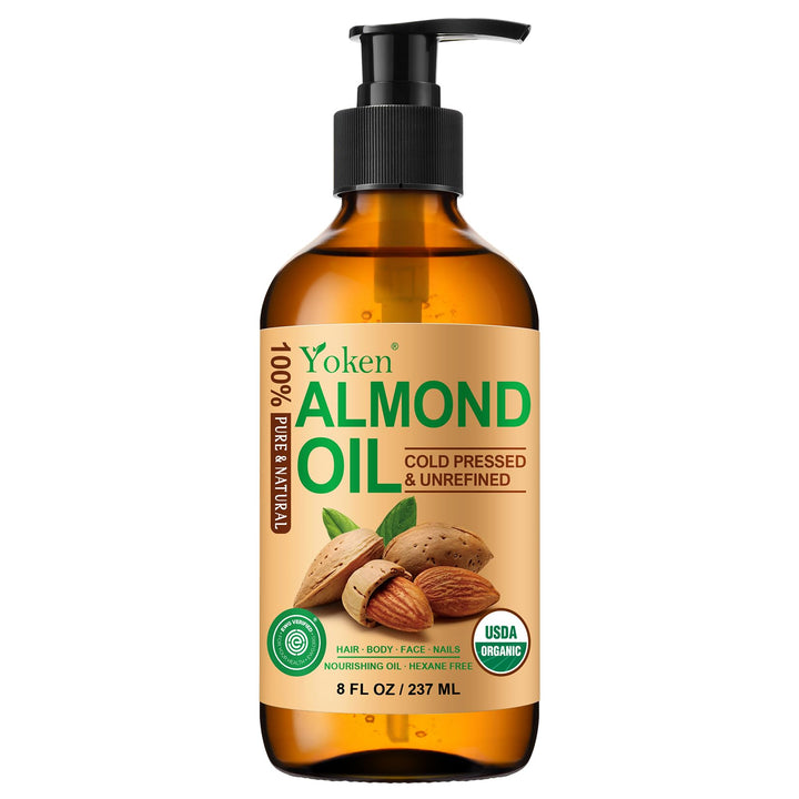 Yoken almond oil front packaging in amber glass showing label and clean presentation for freshness