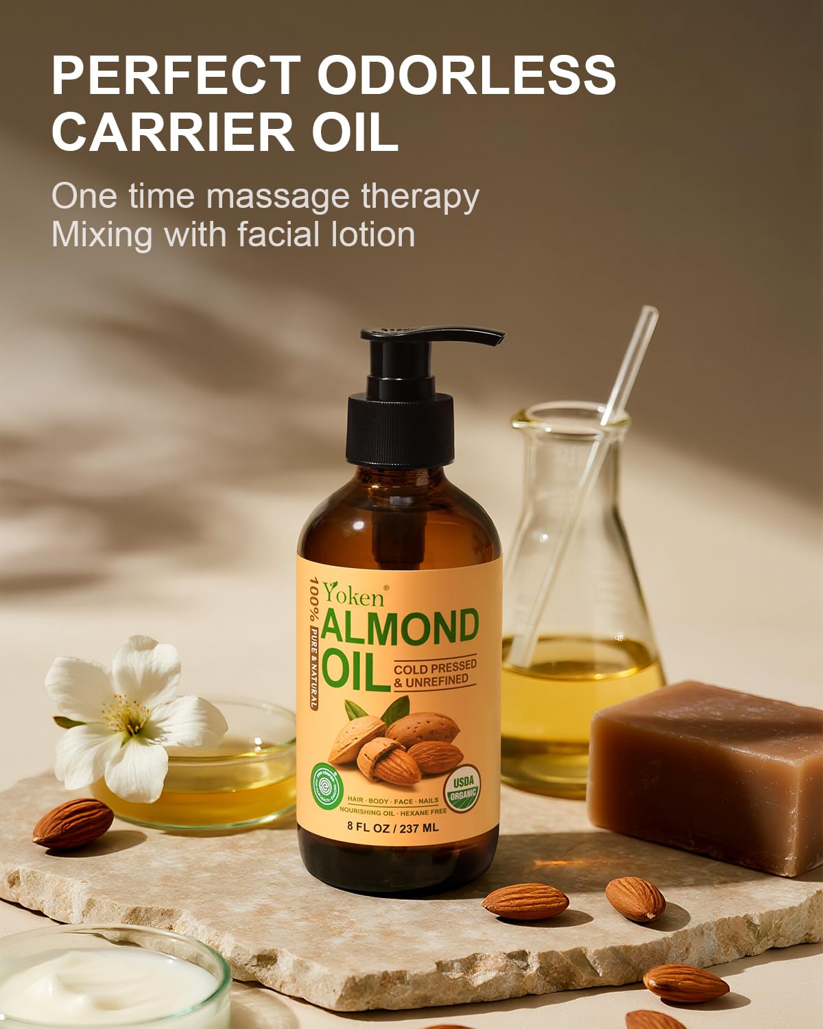 Small amount of Yoken almond oil on hair ends showing frizz control and added shine