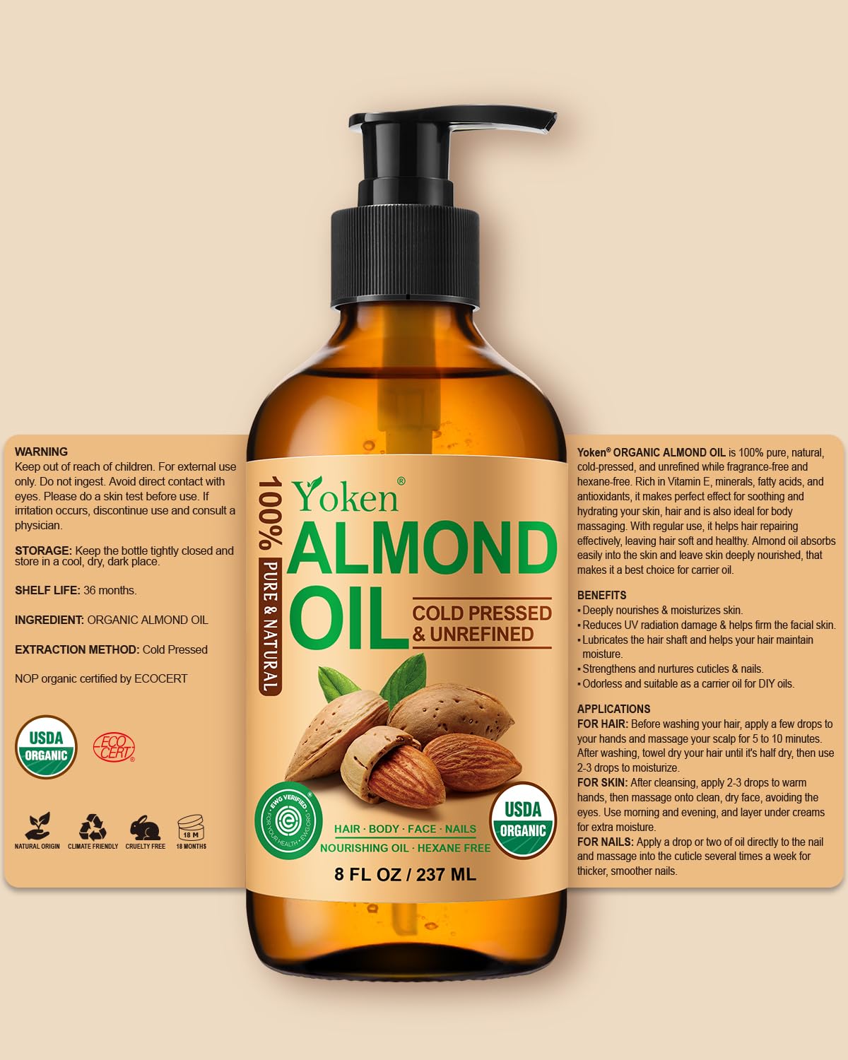 Yoken almond oil on bathroom vanity styled with towel and plant suggesting daily self-care ritual