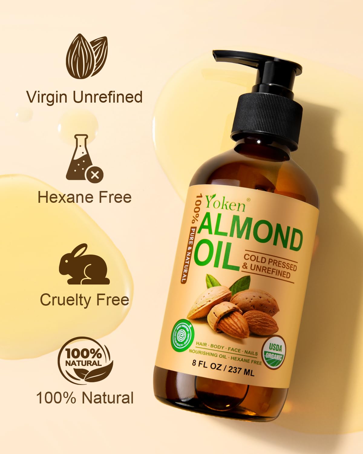 Yoken 8 oz almond oil beside measuring cup illustrating accurate 8 oz size and portioning