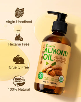 Yoken 8 oz almond oil beside measuring cup illustrating accurate 8 oz size and portioning
