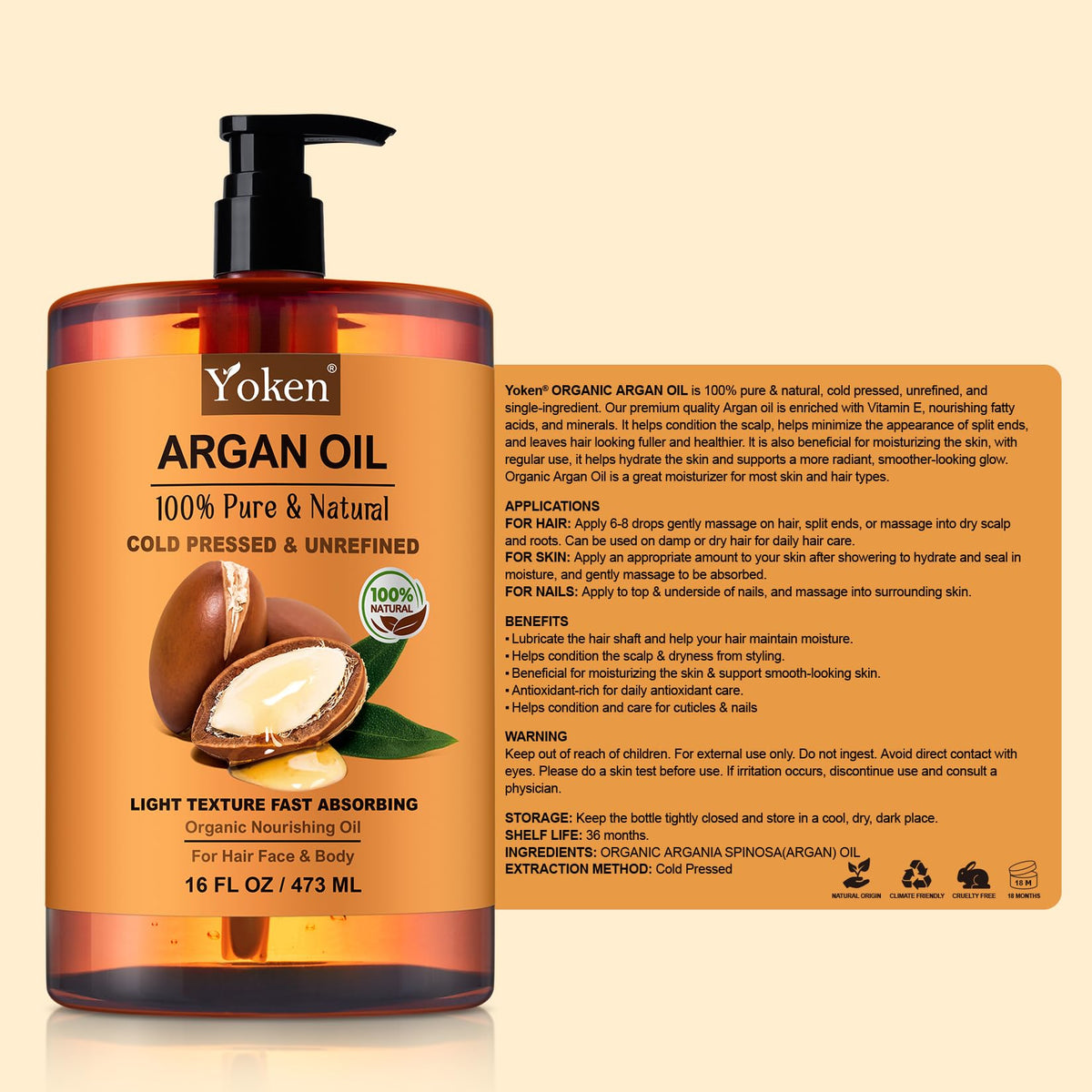Yoken argan oil 16oz bottle next to common items showing size advantage