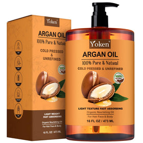 Yoken argan oil front packaging showing pure 16oz bottle and label benefit