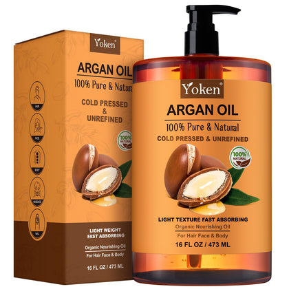 Yoken argan oil front packaging showing pure 16oz bottle and label benefit
