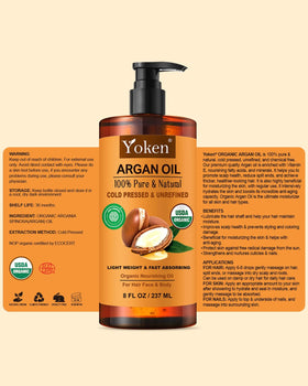 Yoken argan oil ingredients label emphasizing no additives or solvents benefit