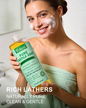 Yoken used as body wash in bathroom showing gentle cleansing benefit