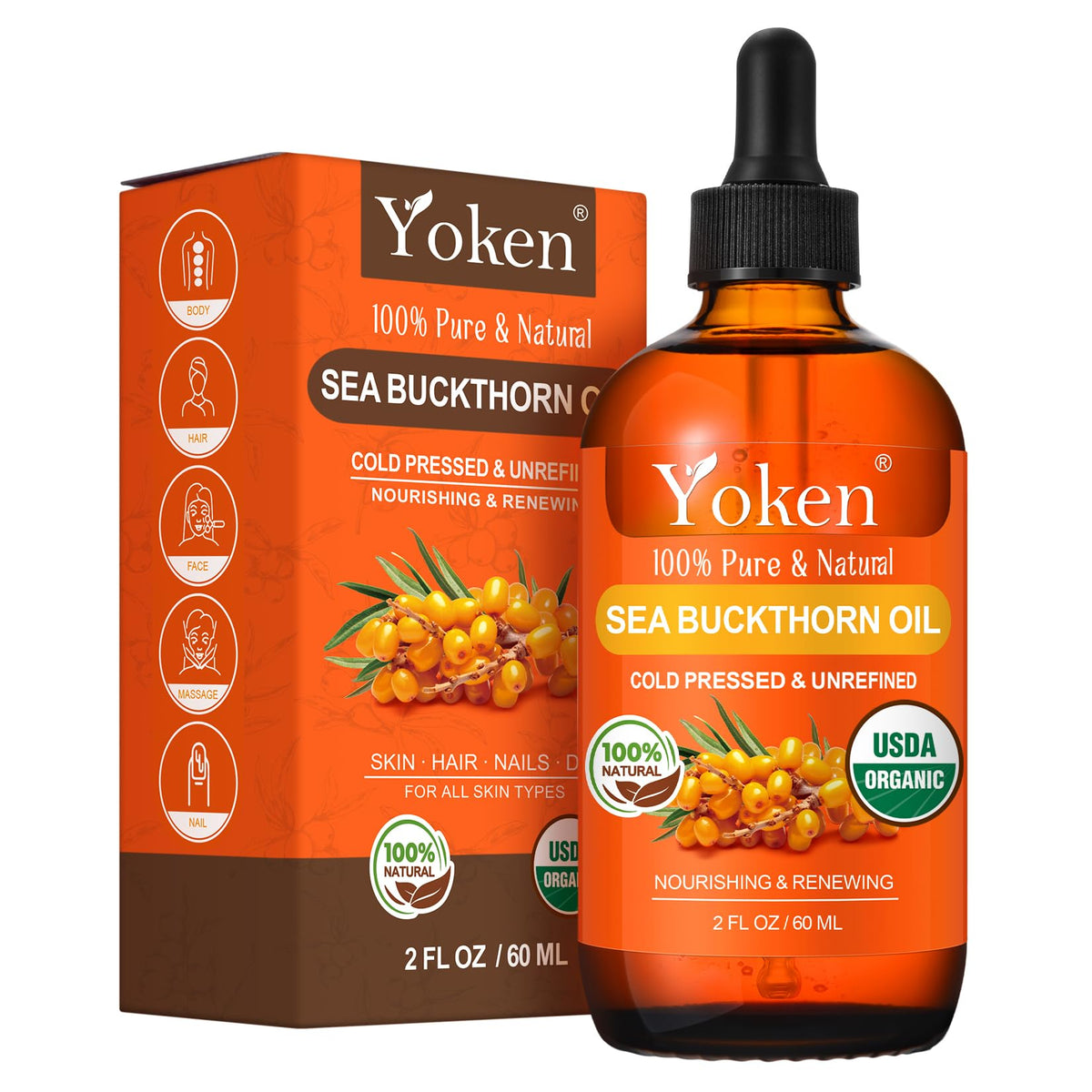 Yoken front packaging amber bottle showing organic certification and benefit