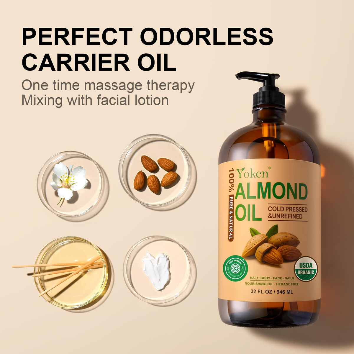 Yoken almond oil applied to hair ends showing smoothing and shine benefit