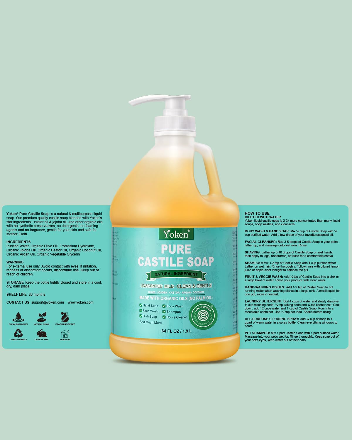 Yoken in bathroom shower used as body wash showing mild rinsing care